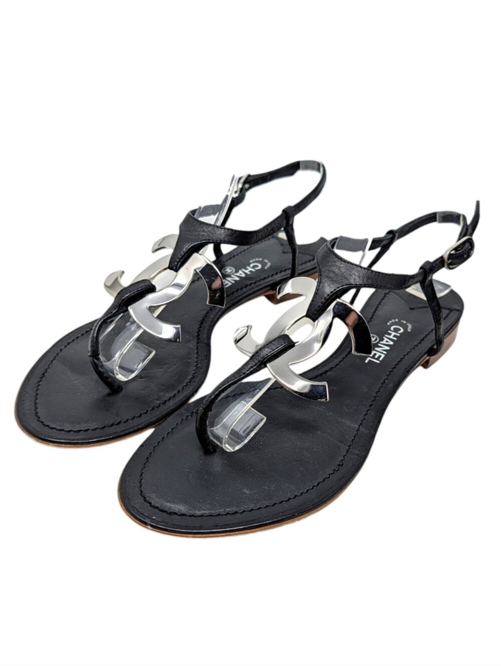 Chanel Big Logo Filigree Thong T-Strap Flat Sandal Black Leather Silver 38 | 7.5